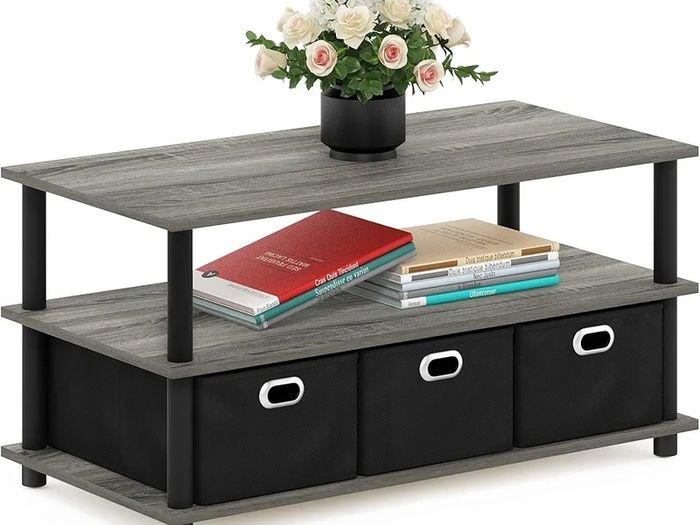 Coffee Table, 3-Tier Modern Coffee Table with Shelves and Storage Bins, Easy Assembly Side Table with Open Shelf, for Living Room, Bedroom, Home Office, French Oak