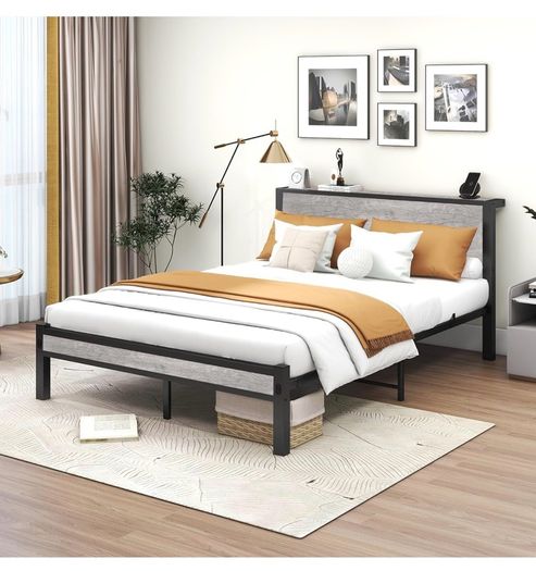 King Size Bed Frame with Storage Wooden Headboard