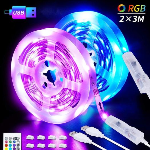 LED Strips Lights, 6M USB LED Lights 2x3M SHINELINE RGB SMD 5050 Color Changing with 24 Key Remote Control Dimmer TV Backlight Mood Light for Home Kitchen Christmas Party Decoration [Energy Class A+]