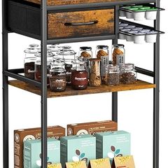 4-Tier Coffee Bar Cart with Storage, 33" H Coffee Station Cabinet With Pod Drawers for Nespresso Vertuo, Mini Toaster Oven Stand Table for Home, Kitchen, Living Room (Rustic Brown)