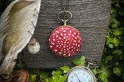 Mushroom Pocket Watch on Long Brass Chain Wonderland Fantasy White Rabbit