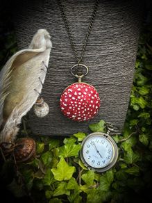 Mushroom Pocket Watch on Long Brass Chain Wonderland Fantasy White Rabbit