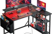 L Shaped Gaming Desk with LED Lights &amp; Power Outlets, 100x80cm