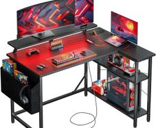 L Shaped Gaming Desk with LED Lights & Power Outlets, 100x80cm