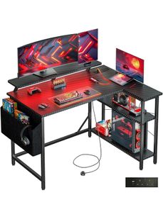 L Shaped Gaming Desk with LED Lights & Power Outlets, 100x80cm