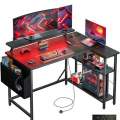 L Shaped Gaming Desk with LED Lights & Power Outlets, 100x80cm
