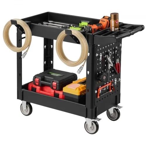 Utility Cart, 250 kg Capacity, 2 Tier Service Cart with 360 Swivel & Fixed Wheels (2 with Brakes), Heavy Duty Plastic Rolling with Tray and Pegboard, Tool Storage for Garage Warehouse Workshop