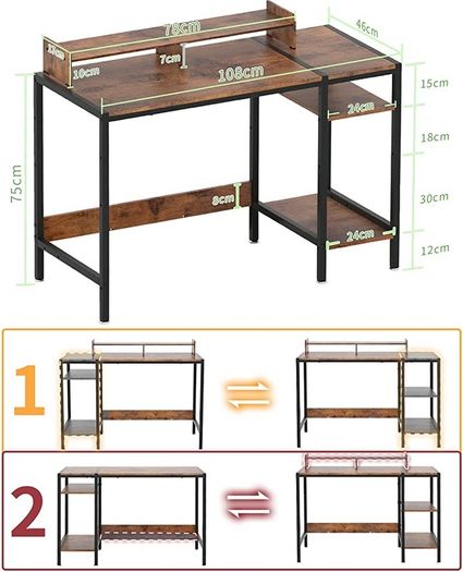Home Office Corner Gaming Desk, Computer Desk with Storage Shelves, Vanity Table, Wood Metal Writing Study Workstation,Rustic