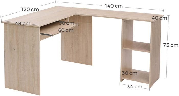 _L-shaped computer table, desk, corner desk with 2 shelves, 60 x 30 cm keyboard shelf, for the office and study, 140 x 120 x 75 cm, oak-colored