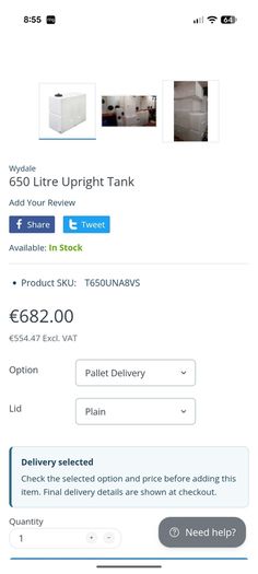 650 Litre Upright Baffled water tank