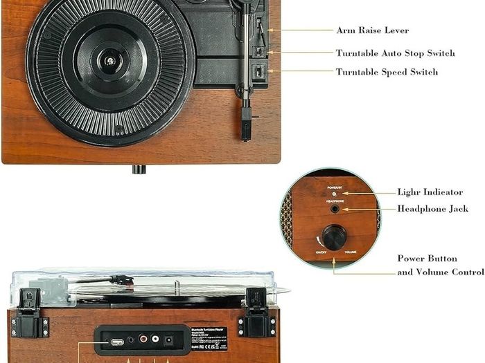 FREE EXPRESS SHIPPING Bluetooth Vinyl Record Player,3-Speed Turntable with Stereo Speakers Vintage Phonograph Record Player, with RCA Line Out AUX in Headphone Jack