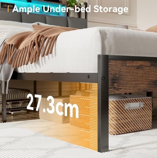 Double Bed Frame with Storage Upholstered Headboard and LED, 135x190cm  Charging Station(2AC, 2USB), Platform Metal Small Double Bed Frame with Underbed Storage, Strong Metal Slat Support