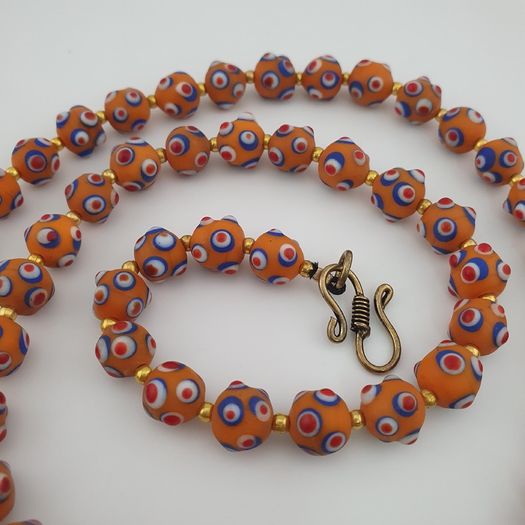 Antique Venetian Style Skunk Eyes Orange Glass Beads Necklace