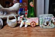 2 donkey ornaments and a basket