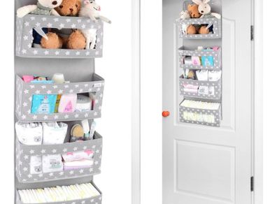 Nursery Over Door Hanging Organiser with Hooks 33x99 cm (Pack of 1), Grey
