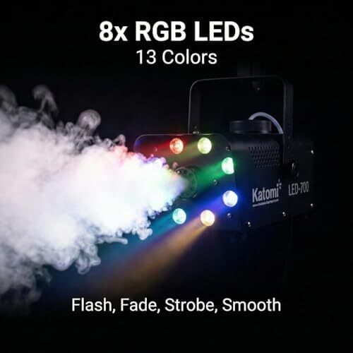Smoke Machine with 13 Colour RGB Effect, 8 LED Lights, Mini Fog Machine with 3-Metre Wired Remote and Two Wireless Controllers for DJ Disco Parties