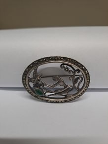 Vintage Marcasite & Green Cabochon Brooch