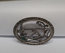 Vintage Marcasite & Green Cabochon Brooch