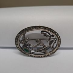 Vintage Marcasite & Green Cabochon Brooch
