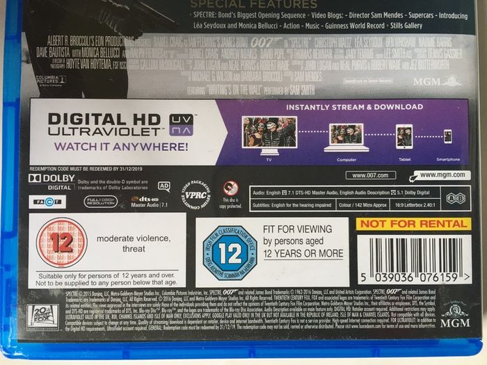 007 James Bond: Spectre [2015] Daniel Craig, Christoph Waltz, Lea Seydoux, Naomie Harris, Dave Bautista, Monica Bellucci & Ralph Fiennes [Blu-ray Movie]