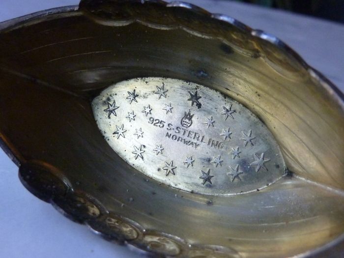 Theodor Olsens Eftf Norway Sterling Enamel Viking Ship Salt Cellar with NM Thune Enamelled Silver Spoon