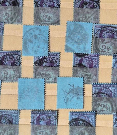 Great Britain Queen Victoria 1887. Jubilee Issue Bulk Study Lot. 72 Used Stamps on Stock Pages, 1/2d Vermilion and 2 1/2d Purple, Blue.