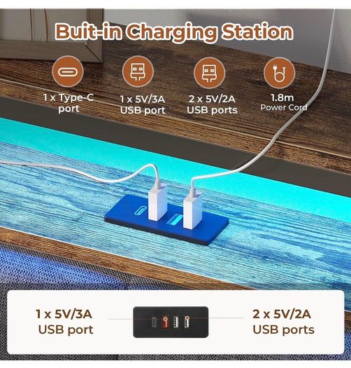 King Size Bed Frame 150x200 with Storage Upholstered Bed Frame with LED Lights & Charging Station Upholstered Storage Headboard/Under Bed Storage Noise Free