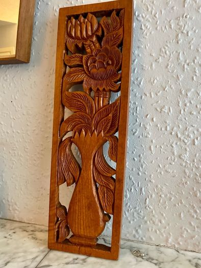 Hand Carved Long Balinese Wooden Sunflower Floral Relief Wall Art Decor Panel