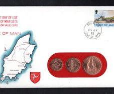 1975 Isle of Man First Day of use of low value coins Philatelic Numismatic Cover (PNC) with 5 1/2p definitive stamp and on1/2d, 1p & 2p coin