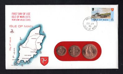 1975 Isle of Man First Day of use of low value coins Philatelic Numismatic Cover (PNC) with 5 1/2p definitive stamp and on1/2d, 1p & 2p coin