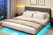 Double Bed Frame with Upholstered Headboard, 4ft6 Floating Upholstered Bed Frame Doule Bed with Charging Station and LED Light, Metal Slats Support, Gray Double Bed