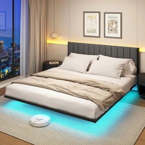Double Bed Frame with Upholstered Headboard, 4ft6 Floating Upholstered Bed Frame Doule Bed with Charging Station and LED Light, Metal Slats Support, Gray Double Bed