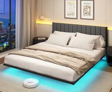 Double Bed Frame with Upholstered Headboard, 4ft6 Floating Bed Frame with Charging Station and LED Light, Metal Slats Support, No Box Spring Needed,Gray Double Bed
