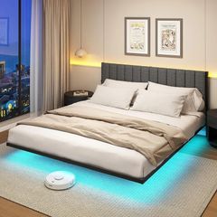 Double Bed Frame with Upholstered Headboard, 4ft6 Floating Bed Frame with Charging Station and LED Light, Metal Slats Support, No Box Spring Needed,Gray Double Bed