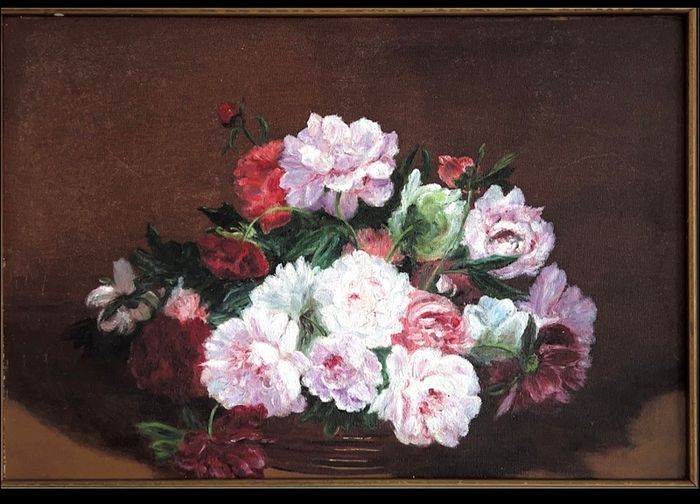 Floral still life oil painting in wooden frame