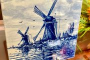 Vintage Handpainted Delft Blue Tile with Windmill and Boats Cottage Farmhouse Decor