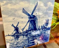 Vintage Handpainted Delft Blue Tile with Windmill and Boats Cottage Farmhouse Decor