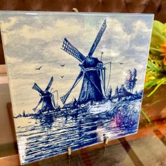 Vintage Handpainted Delft Blue Tile with Windmill and Boats Cottage Farmhouse Decor