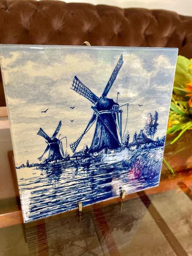 Vintage Handpainted Delft Blue Tile with Windmill and Boats Cottage Farmhouse Decor