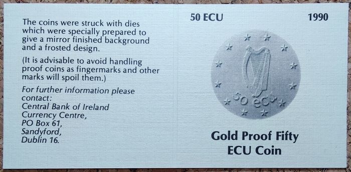 Ireland 50 ECU Gold (.917) Proof Coin 1990 - EEC Council Meeting in Dublin - NO CASE