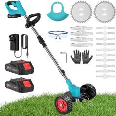 Cordless Grass Strimmer, 21V Strimmer Cordless with 2 X 2000mAh Battery and Charger, 3 Types 16 Blades, Garden Trimmer Telescopic Lightweight with Roller, 7800/min, for Gardens, Park Lawns