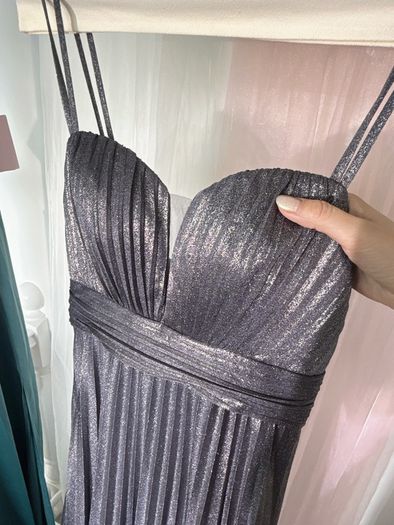 Dark Grey Double-Strap Glitter Pleated Long Gown