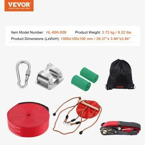 Zipline Kit for Kids and Adult, 65 ft Zip Line Kits Up to 500 lb, Backyard Outdoor Quick Setup Zipline, Playground Entertainment with Zipline, Nylon Safety Harness, Seat, and Handlebar