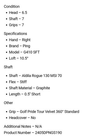 Ping G410 SFT Driver / 10.5 Degree / Aldila Rogue 130 MSI 70 Stiff