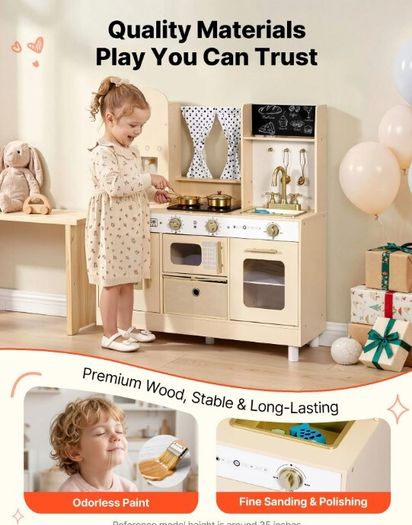 Wooden Kids Play Kitchen with Lights and Sounds Cream
