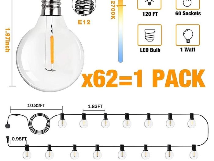 SUMMER SALE Outdoor Indoor String Lights Mains Powered, 120FT G40 LED Festoon Lights Outdoor, IP45 Waterproof Globe Mains Garden Lights with 60+2 Bulbs (FREE SHIPPING)
