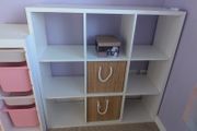 White 3x3 Cube Shelving Unit and 2 Woven Storage Bins