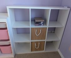 White 3x3 Cube Shelving Unit and 2 Woven Storage Bins