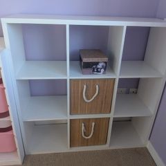 White 3x3 Cube Shelving Unit and 2 Woven Storage Bins