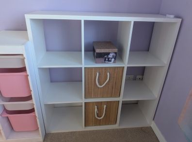 White 3x3 Cube Shelving Unit and 2 Woven Storage Bins